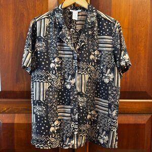 Anna and Frank Women's 100% Silk Blouse Black Beige Button Front Medium